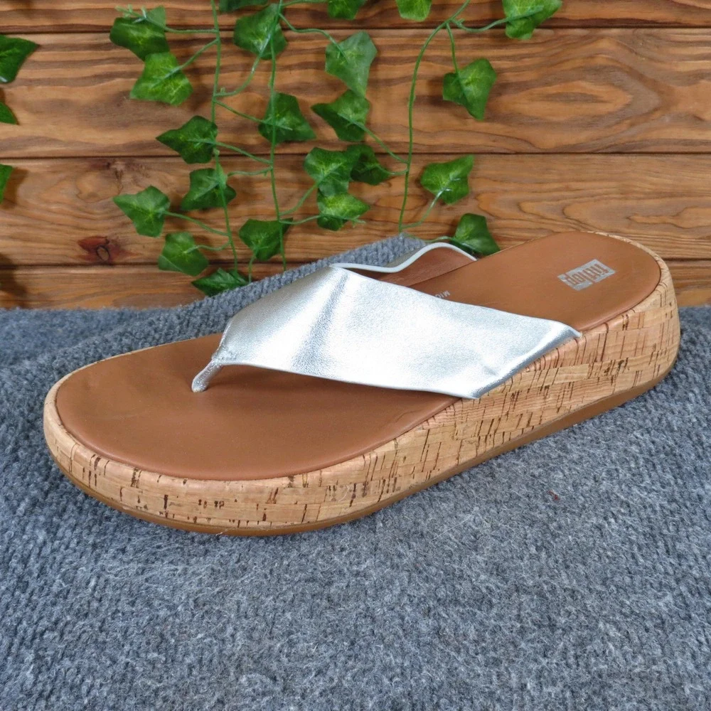 FitFlop F-Mode Women Toe Post Sandal Size 10 Summer Platform Silver Leather